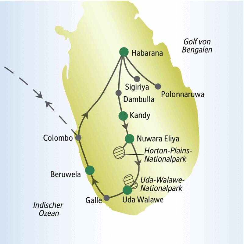 Die Karte zeigt den Verlauf unserer Singlereise Sri Lanka: Colombo, Habarana, Sigiriya, Polonnaruwa, Dambulla, Kandy, Nuwara Eliya, Horton-Plains-Nationalpark, Uda-Walawe-Nationalpark, Galle, Beruwela.