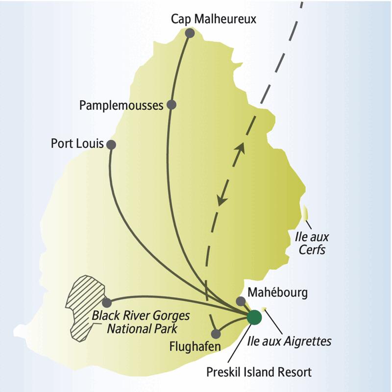 Vom Preskil Island Resort aus führt uns unsere me&more-Reise für Singles und Alleinreisende nach Mauritius zum Cap Malhereux, nach Port Louis und Mahébourg sowie in den Black River Gorges National Park.