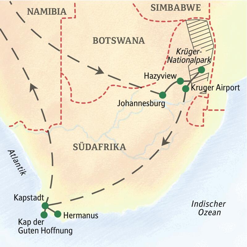 Die 14-tägige Familienreise nach Südafrika führt von Johannesburg in den Krüger-Nationalpark. Nach ausführlichen Safaritagen fliegen wir nach Kapstadt und besuchen Wale und das Kap der Guten Hoffnung.