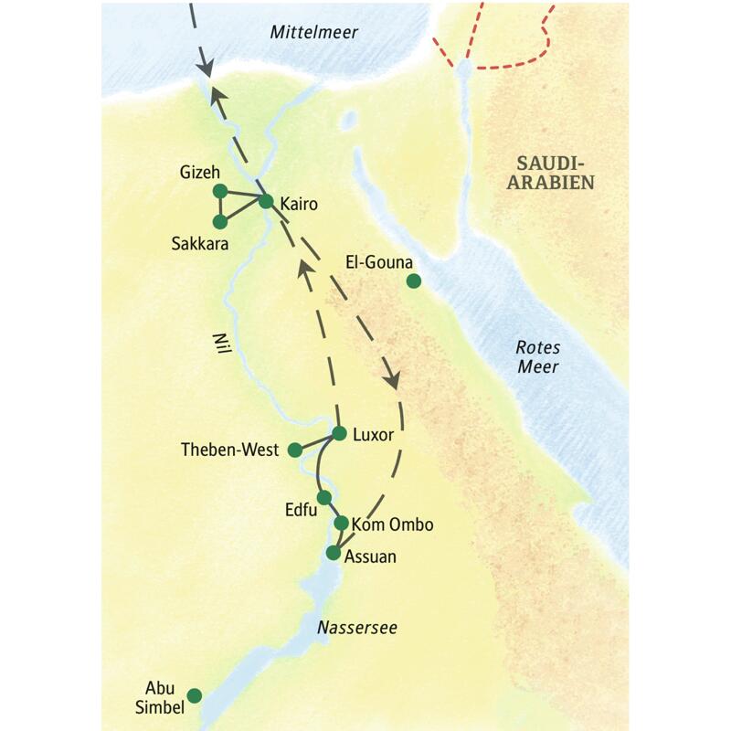 Während der Studienreise durch Ägypten auf klassischer Route kommen wir unter anderem nach Kairo, Gizeh, Sakkara, Luxor, Theben-West, Edfu, Kom Ombo und Assuan.