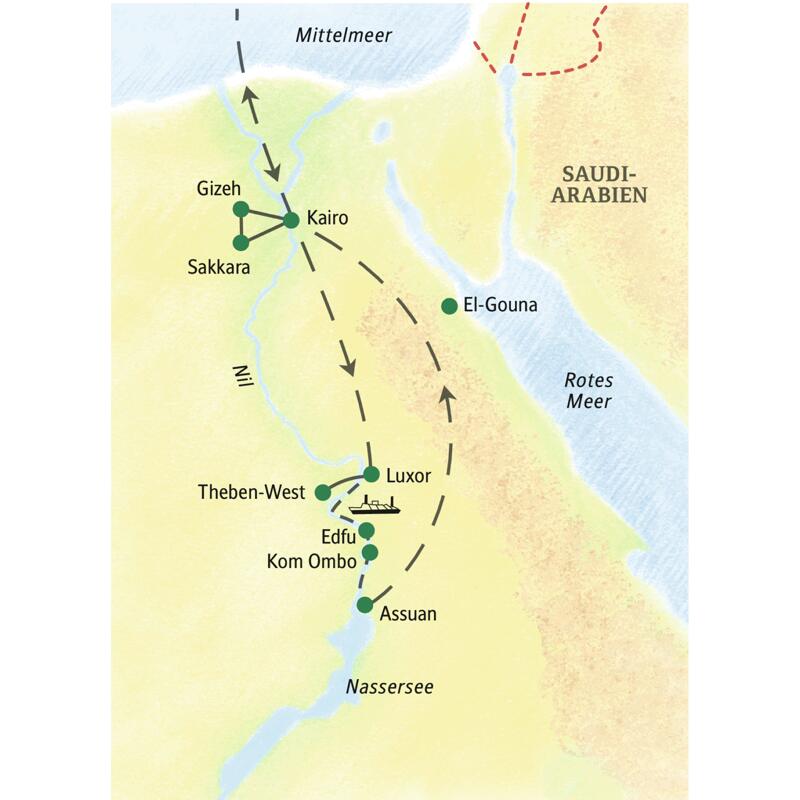 Auf der Kreuzfahrt-Studienreise Ägypten - Höhepunkte mit Nilkreuzfahrt kommen Sie nach Kairo, Gizeh, Sakkara, Luxor, Theben-West, Edfu, Kom Ombo und Assuan.