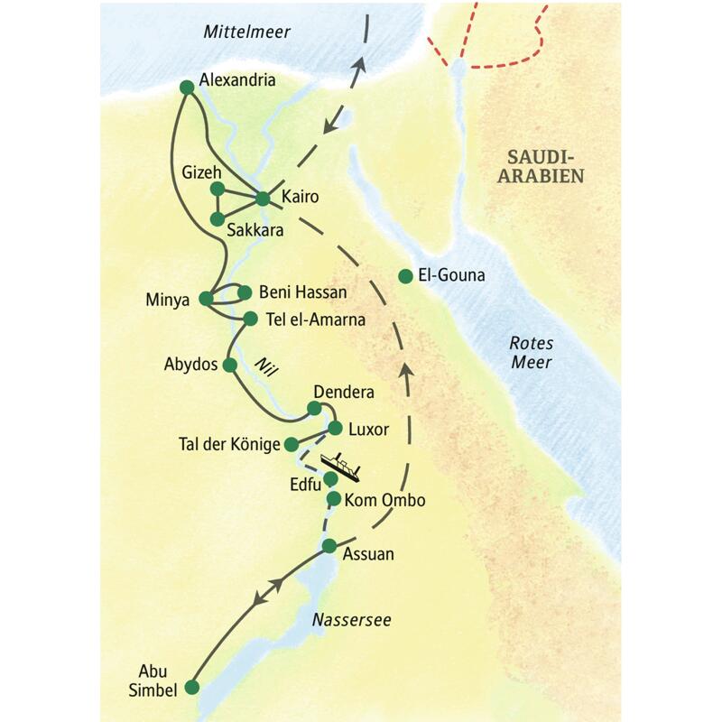 Die Route unserer 17-tägigen klassischen Studienreise durch Ägypten führt am Nil entlang von Kairo über Luxor nach Assuan. Wir sehen auch Abu Simbel.