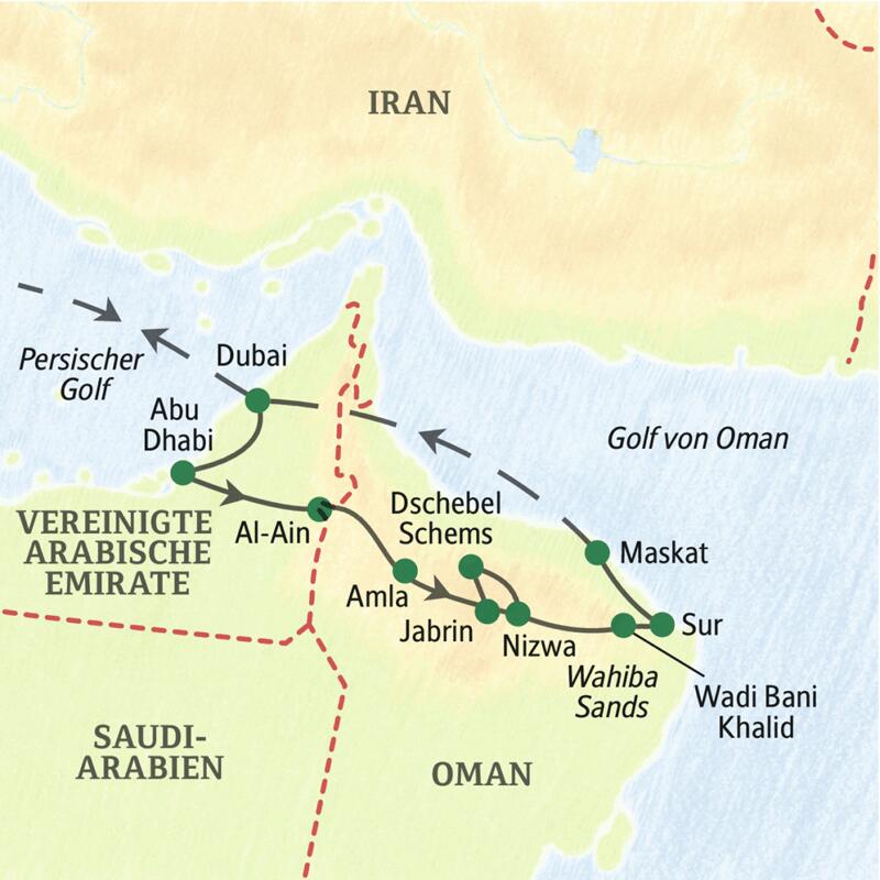 Auf unserer Studienreise Arabische Emirate-Oman - Höhepunkte kommen Sie unter anderem nach Dubai, Abu Dhabi, Nizwa, Wahiba Sands und Maskat.