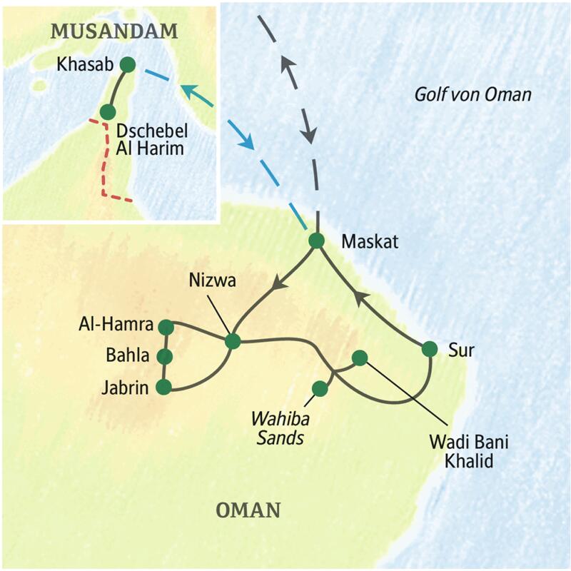 Bei unserer Studiosus-Reise in den Oman besuchen wir unter anderem Maskat, Sur, Nizwa, Wahiba Sands und fliegen in den Norden nach Khasab.