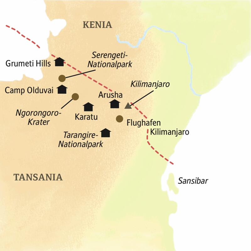 Unsere Standorte auf der smart & small-Rundreise durch Tansania sind Arusha, Karatu, Camp Olduvai und Grumeti Hills. Wir besuchen den Tarangire-Nationalpark, den Ngorongoro-Krater und den Serengeti-Nationalpark.
