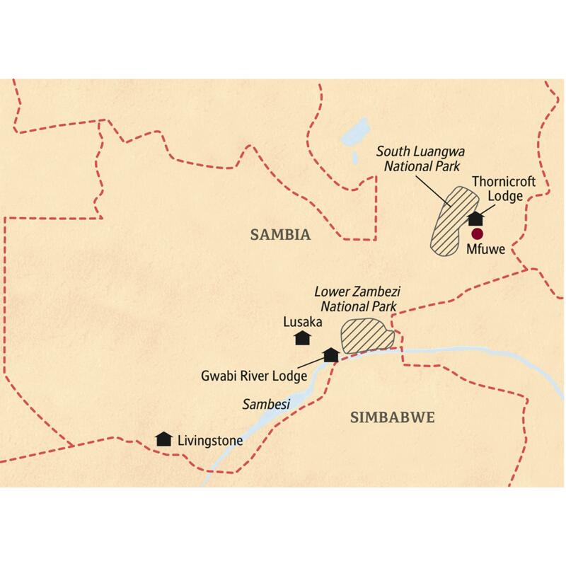 Karte der smart & small-Reise durch Sambia. Mit Studiosus-Reiseleiter zwei Wochen lang auf Safari in den schönsten Nationalparks des Landes. Und zum Schluss auf an die Viktoriafälle