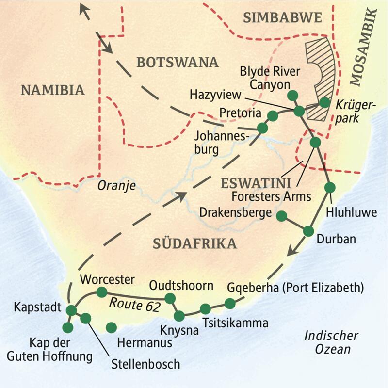 Diese ausführliche, dreiwöchige Studienreise von Studiosus bringt Ihnen Südafrika in all seinen Facetten nahe. Ob Eswatini, Zululand, die Drakensberge oder der Krüger-Nationalpark: Die Vielfalt der Menschen, Landschaften und Tierwelten wird Sie begeistern!