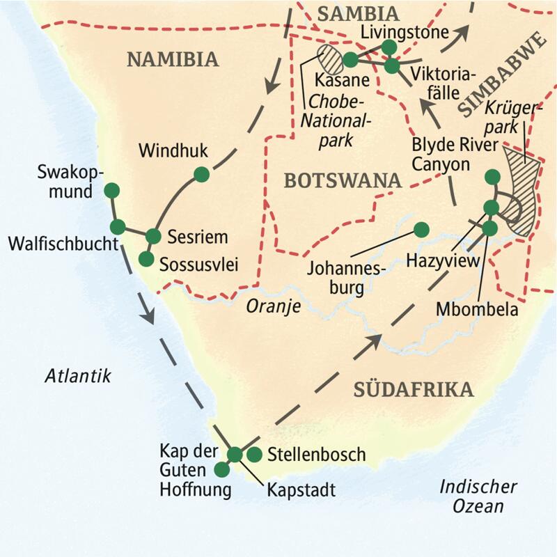Fünf Länder in 20 Tagen! Mit Studiosus auf einer Studienreise die Höhepunkte im Südlichen Afrika erleben.