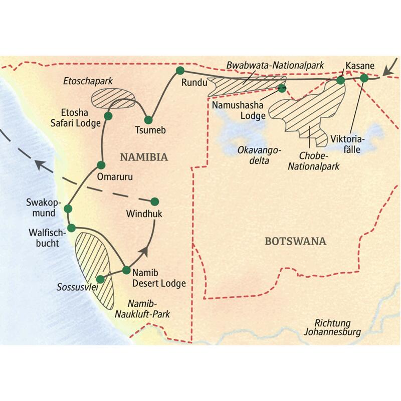 Die Studienreise durch Namibia führt von den Viktoriafällen über den Chobe-Nationalpark, Tsumeb, Swkopmund und das Sossusvlei, den Caprivistreifen bis nach Windhuk.