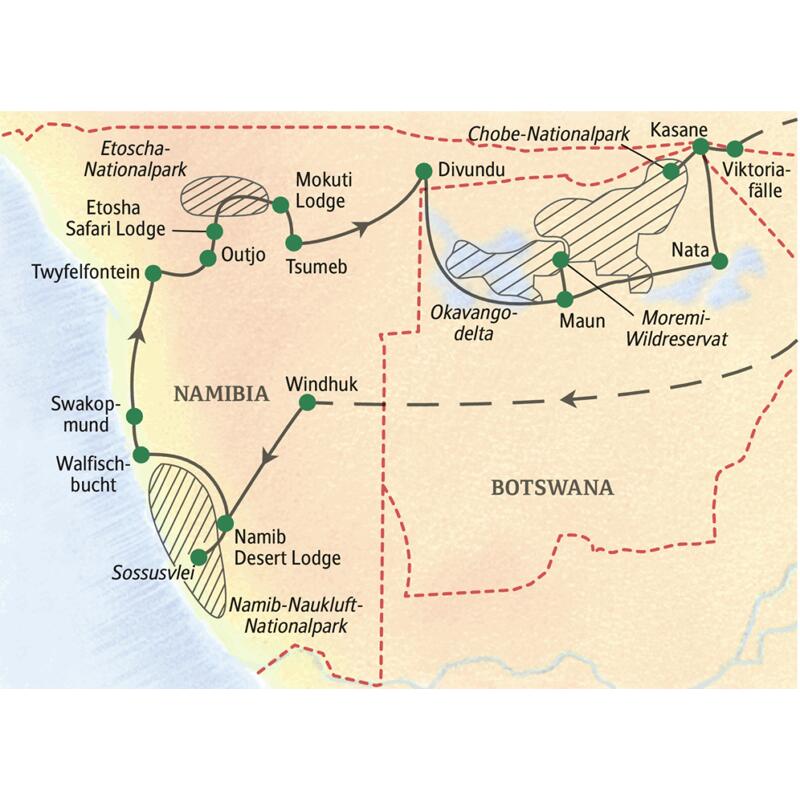 Die Naturerlebnis-Reise Namibia-Botswana - Wunder der Natur ist eine 20-tägige Studienreise über Land von Windhuk zum Atlantik, zum Etoschapark und weiter durch die Kalahari zu den Viktoriafällen. Kleine Gruppe mit maximal 20 Teilnehmern.