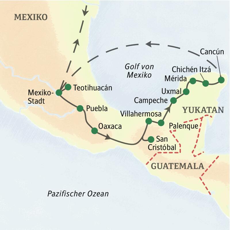 Die Reiseroute unserer 16-tägigen Studienreise durch Mexiko führt über Puebla, Oaxaca und San Cristóbal bis auf die Halbinsel Yukatan und dort über Uxmal und Chichén Itzá bis nach Cancún.