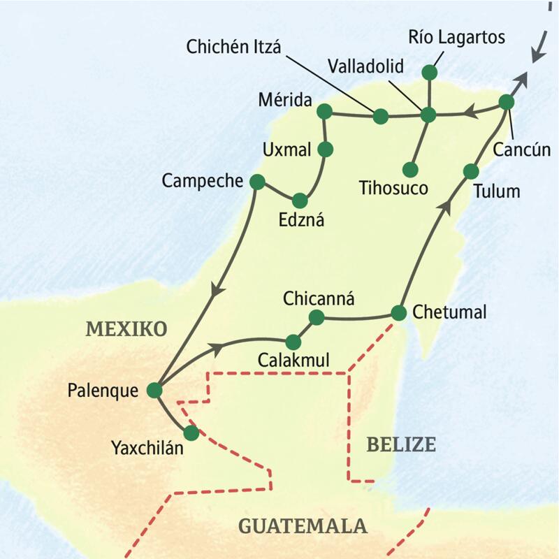 Unsere Reiseroute durch Mexiko startet in Cancún und führt über Chichén Itzá, Uxmal, Campeche, Palenque, Calakmul und Chetumal zurück zu unserem Ausgangspunkt. Auf Ausflügen erleben Sie auch authentische Mayakultur in Tihosuco, entdecken Yaxchilán und unternehmen Bootsfahrten im Biosphärenreservat Ría Lagartos und auf der Lagune von Bacalar.