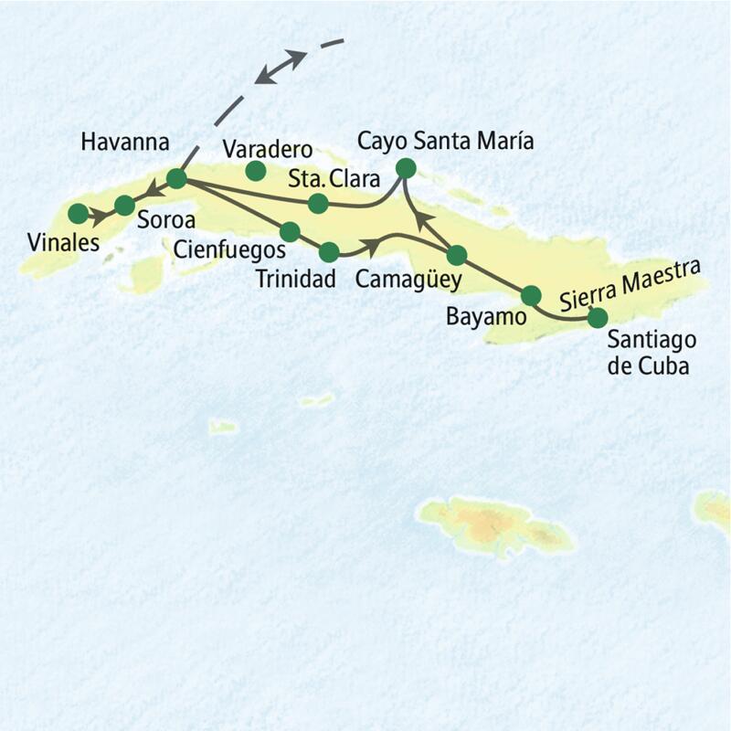 Die wichtigsten Stationen der 16-tägigen umfassenden Studienreise durch Kuba: Havanna, Vinales, Cienfuegos, Trinidad, Santiago de Cuba und Cayo Santa María.