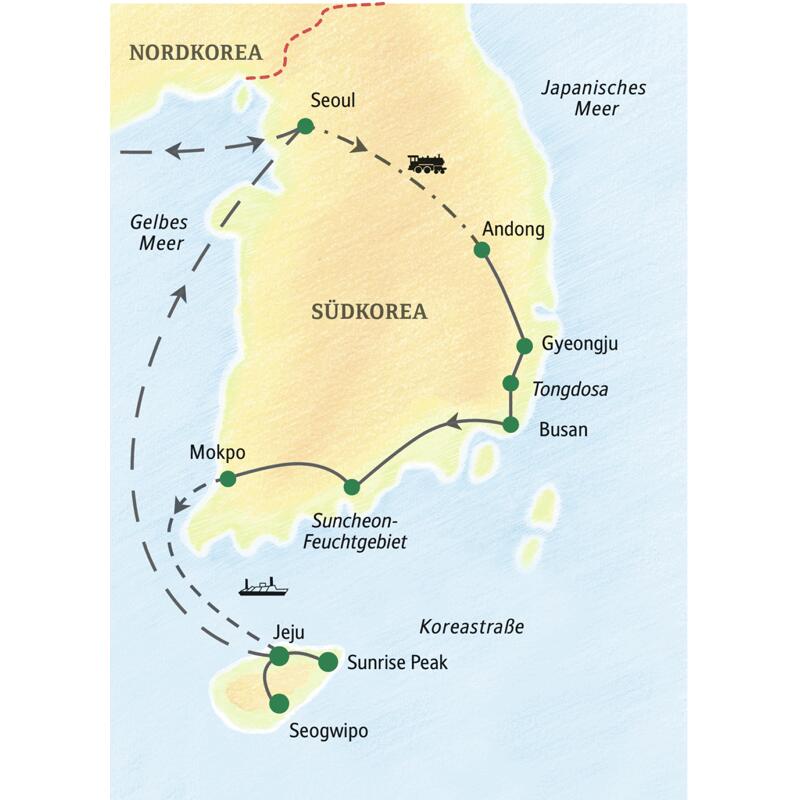 Unsere Reiseroute durch Südkorea startet in Seoul und führt über Andong, Busan, das Suncheon-Feuchtgebiet zurück nach Seoul. Auch die Insel Jeju erleben Sie auf dieser Studienreise.