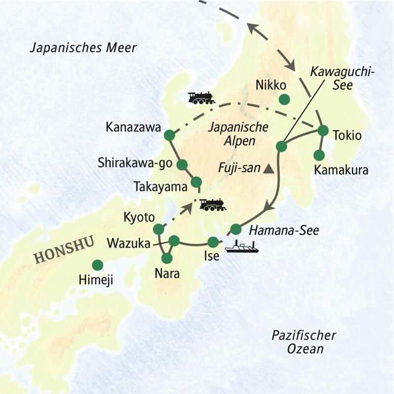 Die Höhepunkte der japanischen Hauptinsel in einer 14-tägigen Studienreise kombiniert. Mit Gelegenheit zu zwei Ausflügen nach Nikko und  Himeji.