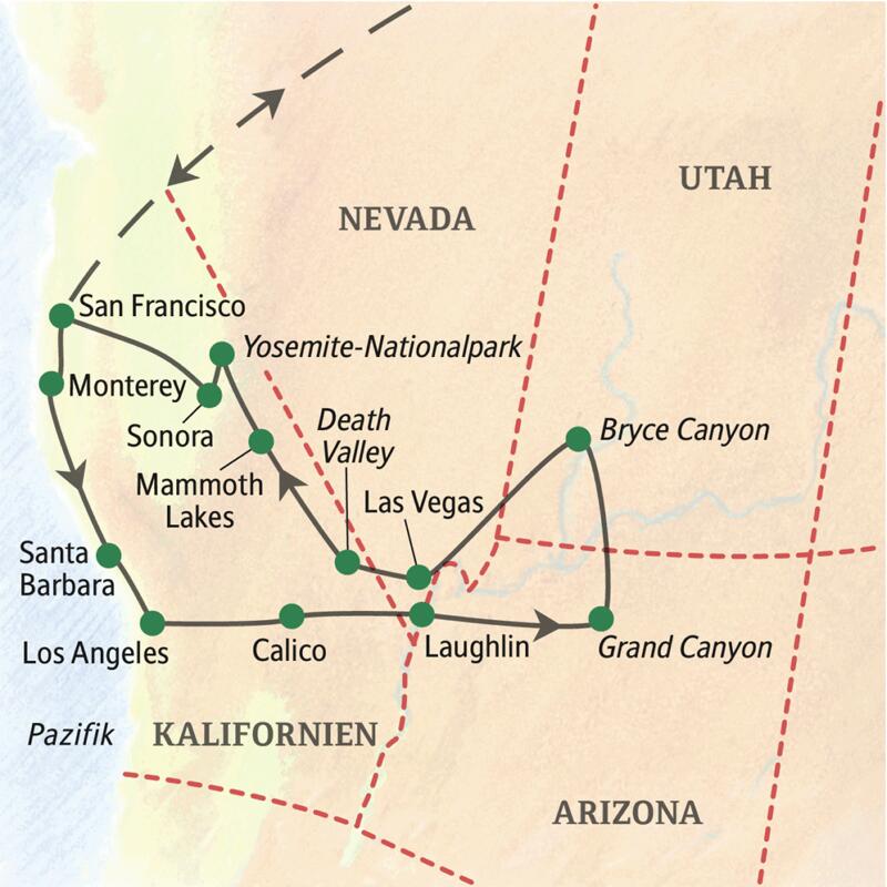 Karte der USA mit eingezeichnetem Verlauf der Studiosus-Studienreise USA - die Westküste