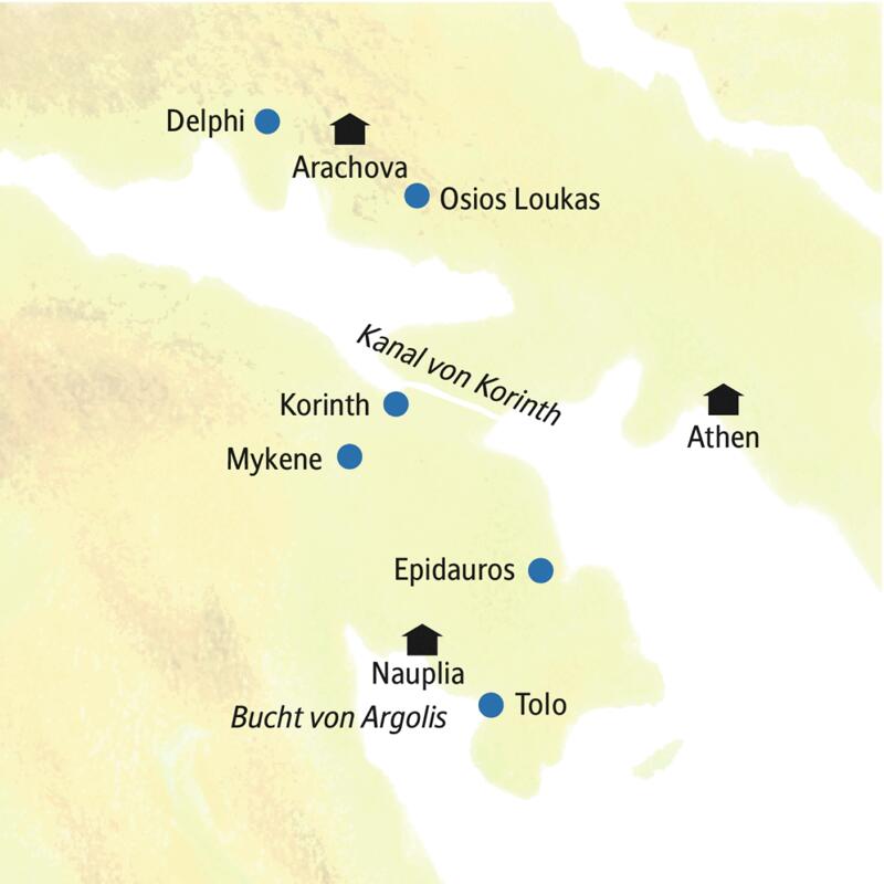 Unsere Reise in kleiner Gruppe durch Griechenland führt uns nach Athen, Nauplia und Arachova. Wir besuchen Delphi, Mykene und Epidauros.