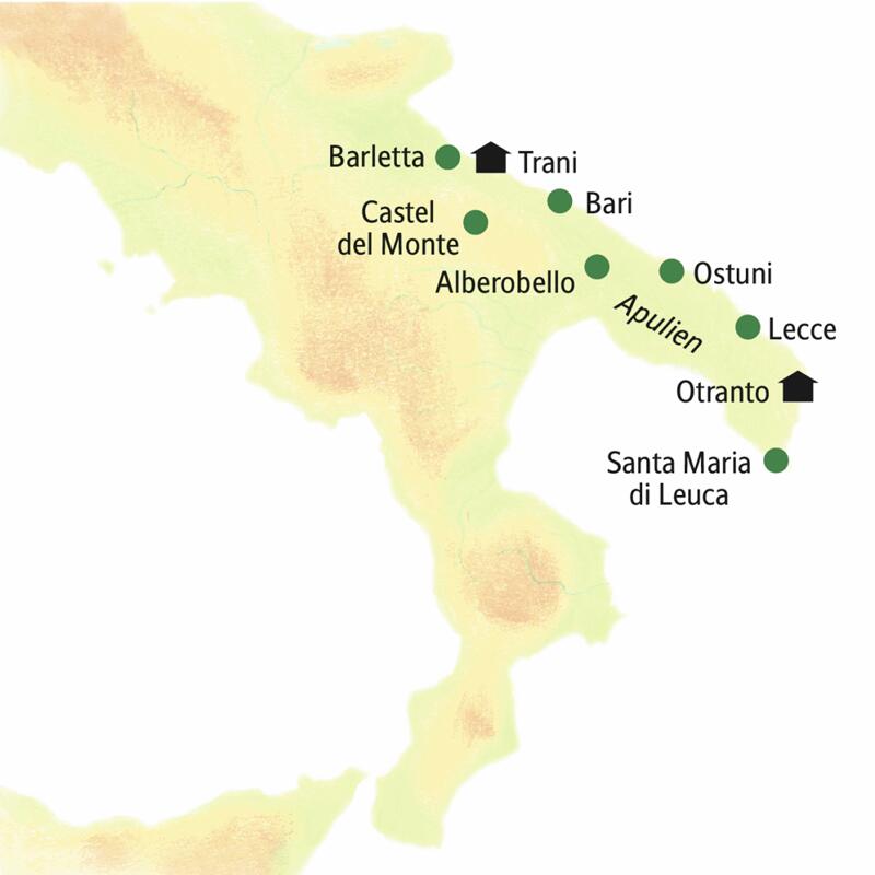 Auf der Karte der smart&small-Reise durch Apulien sind unter anderem die Hotelstandorte Trani und Otranto eingezeichnet. Zudem noch die Ortschaften Barletta, Bari, Castel del Monte, Alberobello, Ostuni, Lecce und Santa Maria di Leuca.