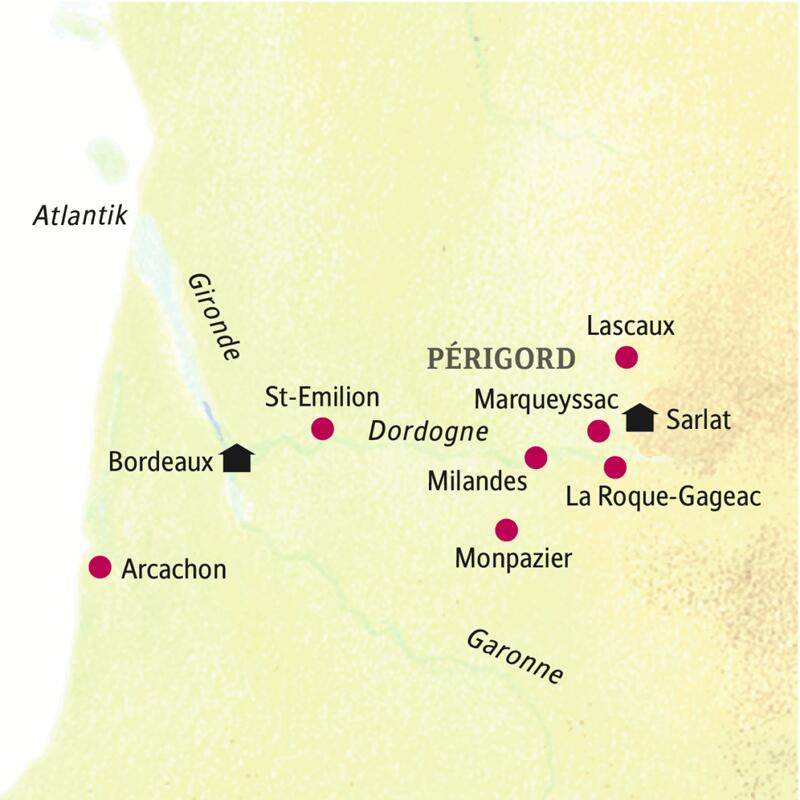 Von zwei Standorten aus - in Bordeaux und bei Sarlat - erkunden wir auf unserer smart&small-Rundreise die Region rund um Bordeaux und das Périgord, dabei u. a. Lascaux, St-Emilion, Milandes.
