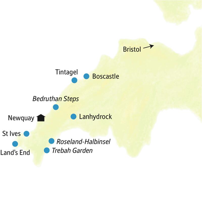 Die Karte zeigt den Hotelstandort und die Highlights unserer Cornwall-Reise in kleiner Gruppe, wie Boscastle, Bedruthan Steps, Newquay, St Ives, Land's End, Trebah Garden, Lanhydrock.
