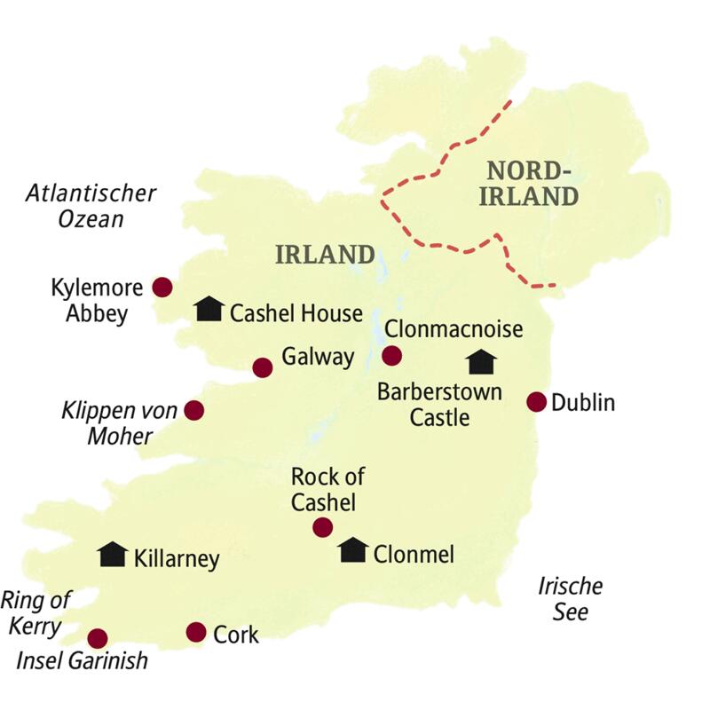 Unsere Reiseroute durch Irland führt über Dublin, Barberstown Castle, Clonmacnoise, Galway, Cashel House, Kylemore Abbey, die Klippen von Moher über Killarney, Ring of Kerry, Cork bis nach Rock of Cashel und Clonmel.