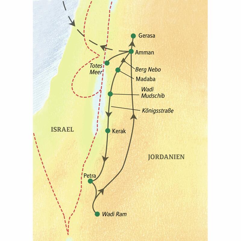 Eine kompakte Studienreise zu den Höhepunkten Jordaniens: in einer Woche Amman, Gerasa, Totes Meer, Petra und zum Abschluss eine Jeepsafari im Wadi Ram.