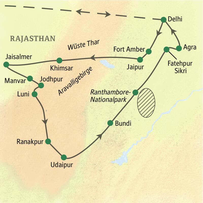 Die Karte zeigt den Verlauf der Studienreise Rajasthan - mit Flair: Delhi, Jaipur, Khimsar, Jaisalmer, Jodhpur, Luni, Ranakpur, Udaipur, Bundi, Ranthambore-Nationalpark, Fatehpur Sikri, Agra.