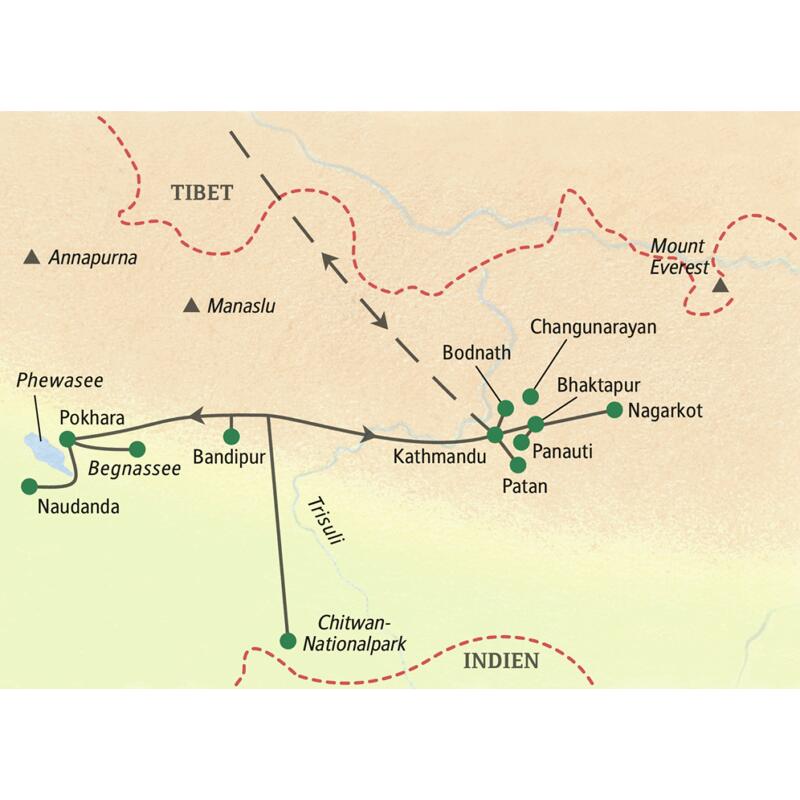 Die Karte zeigt den Verlauf unserer Studienreise Nepal - am Thron der Götter: Kathmandu, Chitwan-Nationalpark, Pokhara, Begnassee, Naudanda, Bandipur, Patan, Bodnath, Bhaktapur, Nagarkot, Panauti