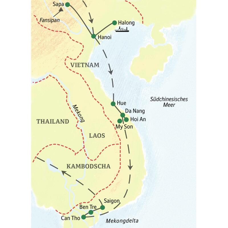 Wichtigste Stationen dieser 16-tägigen Studienreise durch Vietnam: Hanoi, Halongbucht, das Bergland um Sapa, Hue, Hoi An, Saigon und das Mekongdelta.