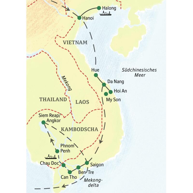Die wichtigsten Stationen dieser 18-tägigen Studienreise durch Vietnam und Kambodscha sind Hanoi, Halongbucht, Hue, Hoi An, Saigon, Mekongdelta, Phnom Penh und Angkor Wat.