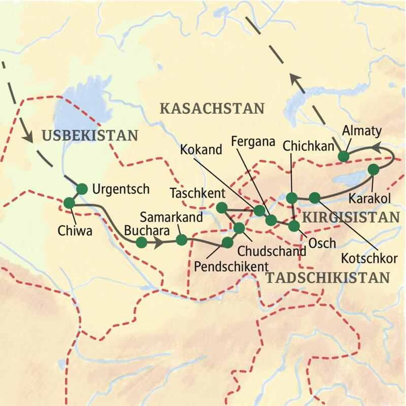 Die Karte zeigt den Verlauf unserer 19-tägigen Klassik-Studienreise durch Zentralasien: Urgentsch, Chiwa, Buchara, Samarkand, Pendschikent, Chudschand, Taschkent, Kokand, Fergana, Osch, Chichkan, Kotschkor, Almaty, Bischkek.
