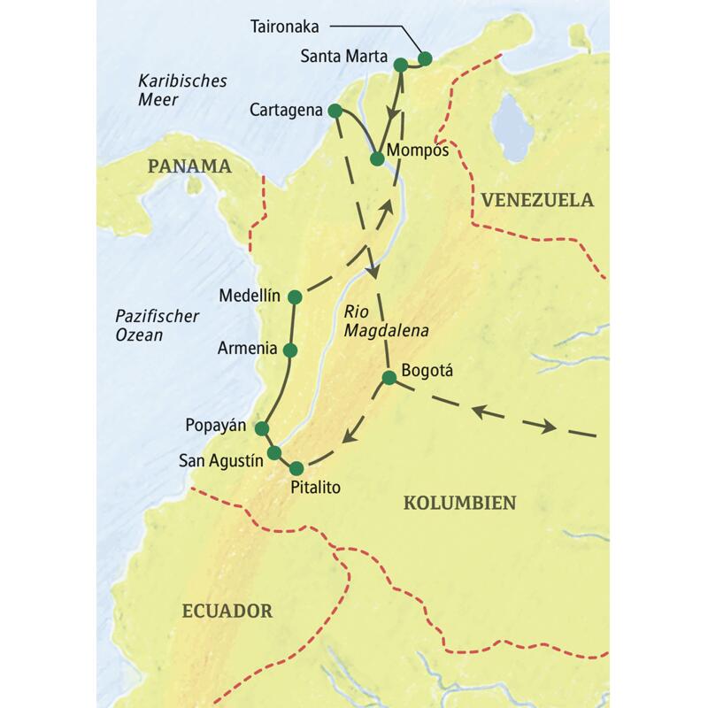 Die Route unserer Studienreise durch Kolumbien beginnt in Bogotá, führt über Pitalito, San Augustín, Popayán, Armenia, Medellín, Santa Maria, Mompós nach Cartagena.