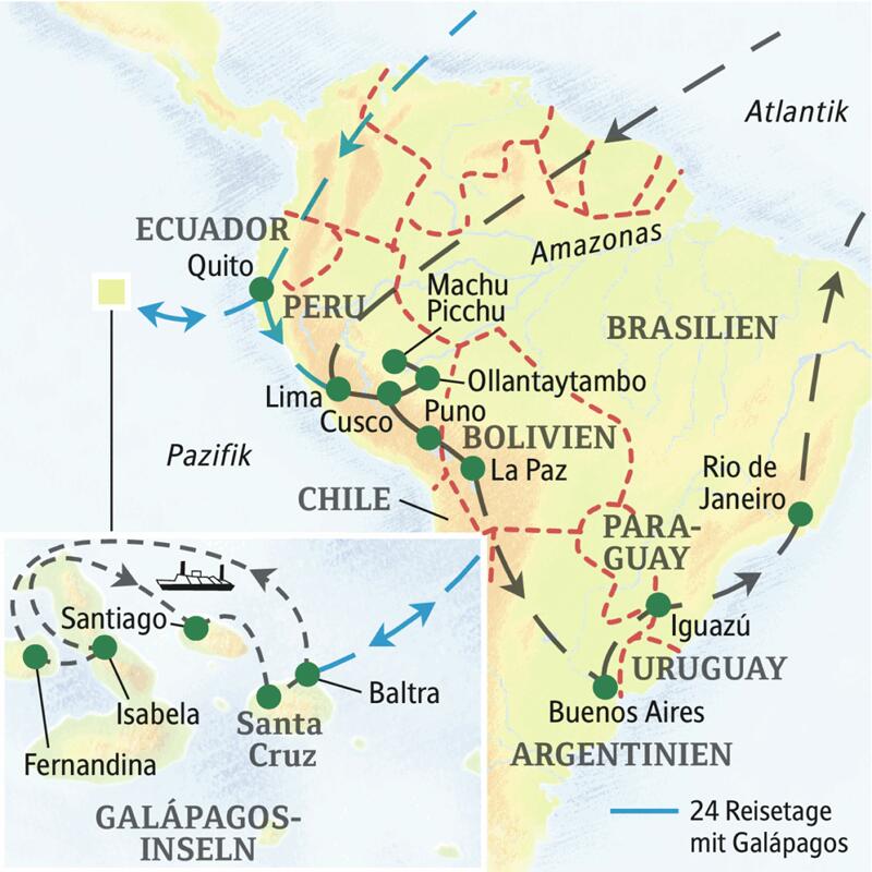 Unsere Reiseroute auf dieser Studienreise durch Südamerika startet in Lima, führt über Ollantaytambo, Cusco, Puno, Buenos Aires und Iguazú bis nach Rio de Janeiro. Und wer mag, besucht zuvor die Galápagos-Inseln.