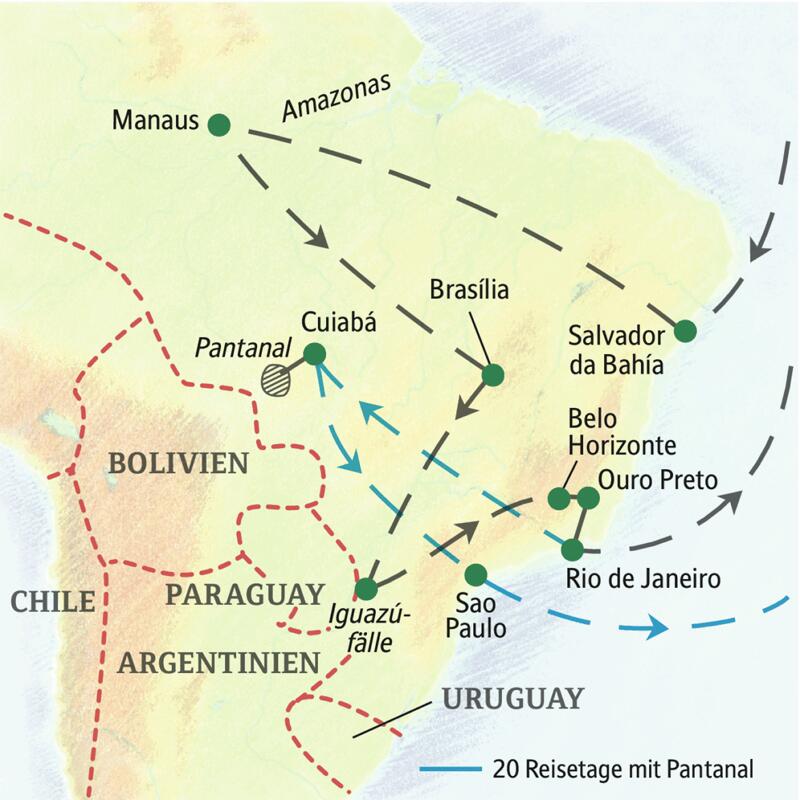 Die Reiseroute unserer Brasilien-Studienreise durch das Wunderland am Zuckerhut startet in Salvador da Bahía und führt über Manaus und den Amazonas, Brasília, die Iguazú-Fälle, Belo Horizonte und Ouro Preto bis nach Rio de Janeiro. Und wer möchte, verlängert im Pantanal.