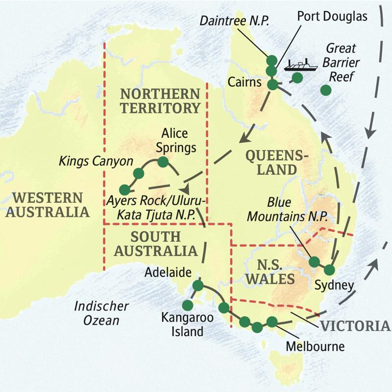 Die Karte zeigt den Verlauf der Australien-Naturerlebnisreise mit Fokus auf die Natur des Landes: Sydney, Blue Mountains, Cairns, Great Barrier Reef, Daintree-Nationalpark, Ayers Rock, Kings Canyon, Alice Springs, Adelaide, Kangaroo Island, Melbourne.