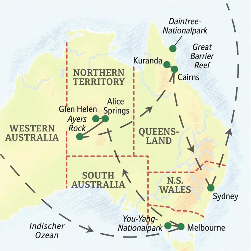 Die Karte zeigt den Verlauf unserer 17-tägigen Studienreise Australien - Höhepunkte des Kontinents: Melbourne, Alice Springs, Ayers Rock, Cairns, Kuranda, Sydney.