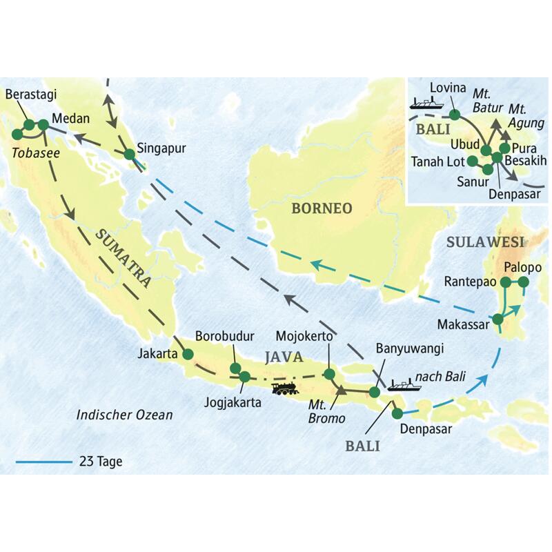 Indonesien umfassend bereisen: die Höhepunkte der Inseln Sumatra, Java und Bali erleben - auf Wunsch mit Verlängerung auf Sulawesi.