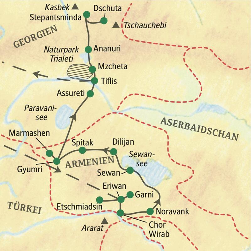 Unsere Reiseroute durch Armenien und Georgien startet in Eriwan und führt über Dilijan und Gyumri bis nach Tiflis. Auch Sewansee und Stepantsminda erleben wir auf unserer 14-tägigen Wander-Studienreise.