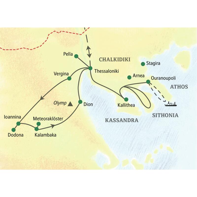 Die Route unserer Studienreise durch Nordgriechenland führt über Thessaloniki, Pella, Vergina, Ioannina, Dodona und Dion zu den Meteoraklöstern sowie auch auf die Chalkidiki-Halbinsel.
