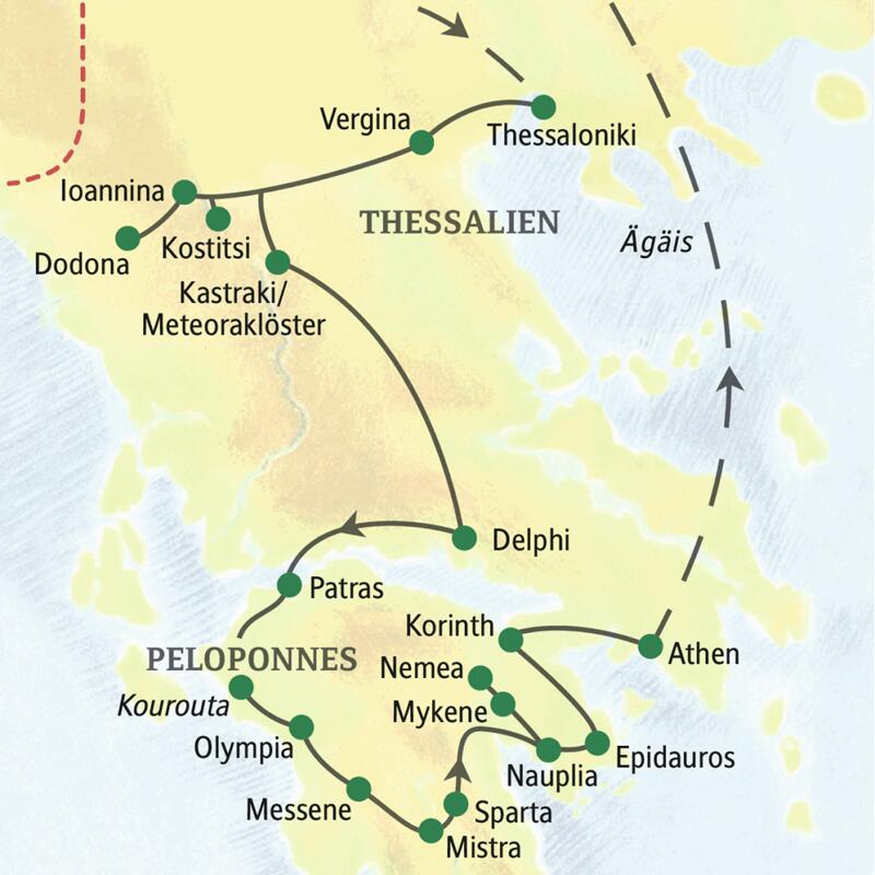 Wichtigste Stationen dieser Rundreise durch Griechenland: Thessaloniki, Vergina, Ioannina, Dodona, Meteoraklöster, Delphi, Olympia, Messene, Mistra, Mykene, Epidauros, Nauplia und Athen