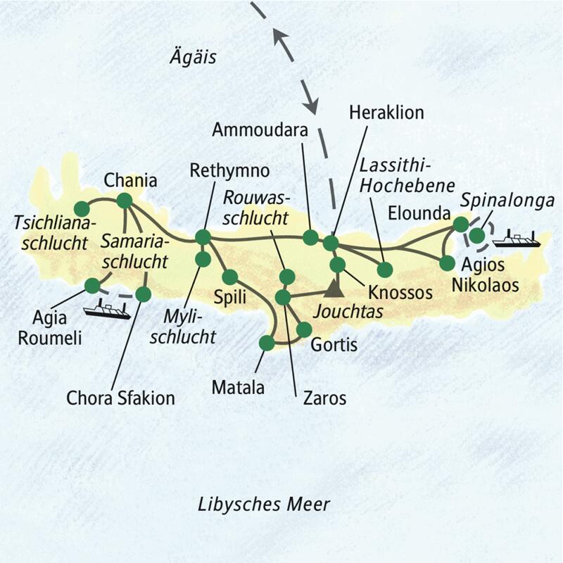 Unsere Wanderreise auf Kreta startet in Heraklion und führt u. a. über Zaros, Chania und Ammoudara zurück nach Heraklion. Highlights der Reise: Knossos, die Samariaschlucht, die Lassithi-Hochebene.