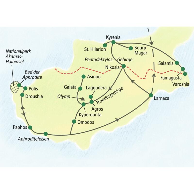 Diese 10-tägige Wanderreise nach Zypern führt in den Süden an Aphrodites Küste und zu beeindruckenden Gebirgen. Im Norden dann wildromantische Natur, orientalische Gastfreundschaft und Burgruinen mit Weitblick