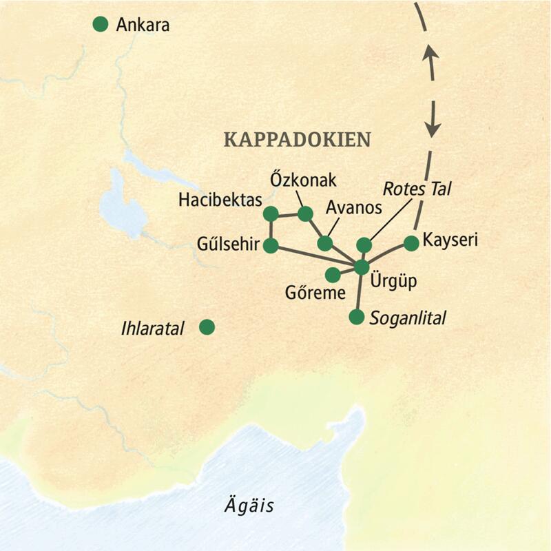 Die Karte zeigt die Höhepunkte Kappadokiens, die wir während unserer achttägigen Studienreise ins Märchenland der Feenkamine von unserem zentral gelegenen Hotel in Ürgüp aus besuchen: u. a. Hacibektas, Özkonak, Gülsehir, Göreme, Avanos.