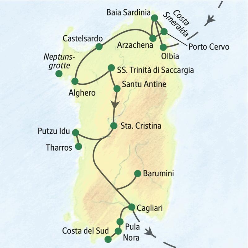 Höhepunkte auf unserer Studienreise nach Sardinien unter anderem: Olbia, Alghero, Putzu Idu, Pula und Cagliari.