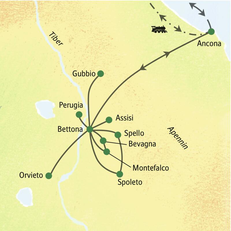 Achttägige Studienreise nach Umbrien mit Übernachtungen in Bettona und Besuchen von Assisi, Perugia, Spoleto, Gubbio, Montefalco, Orvieto und weiteren kleineren Orten.