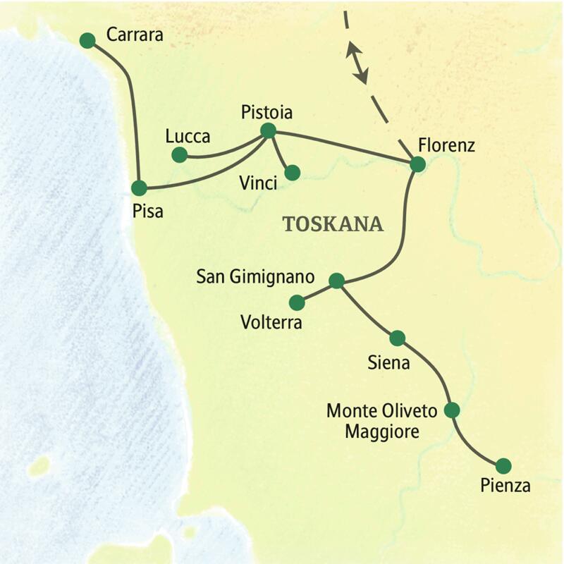Auf unserer Klassik-Reise Toskana besuchen wir von den beiden Standorten Pistoia und San Gimignano aus alle Höhepunkte und Kulturschätze der Region wie Florenz, Siena, Lucca, Pisa, Volterra und Pienza.