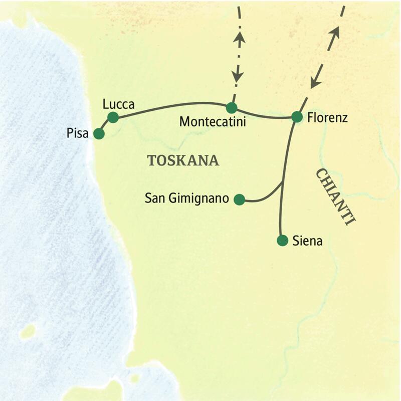 Diese achttägige Studienreise in die Toskana mit sieben Nächten in Montecatini Terme zeigt Ihnen die Höhepunkte der Region: Florenz, Siena, Lucca, Pisa, San Gimignano und das Chianti.