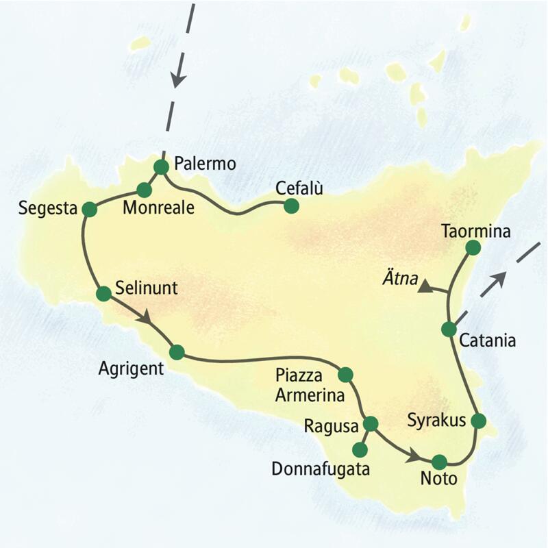 Die wichtigsten Stationen unserer klassischen Studienreise nach Sizilien: Palermo, Selinunt, Agrigent, Noto, Syrakus, Catania, Taormina.
