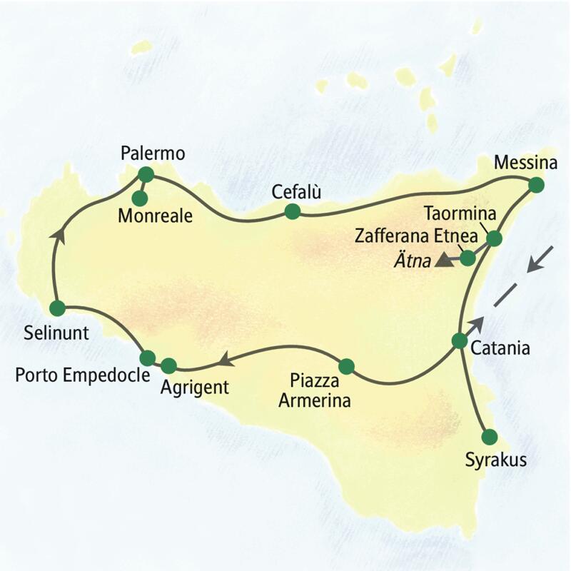 Stationen dieser Studiosus-Reise nach Sizilien sind die Villa Casale, Catania, Syrakus, Agrigent, Selinunt, Palermo, Monreale, Cefalù, Taormina und der Ätna.