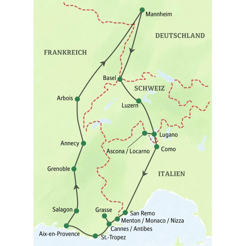 Auf der 15-tägigen Reise im besonders bequemen Studiosus-Komfortbus erleben Sie mit dem Vierwaldstätter See, dem Luganer See, dem Lago Maggiore und dem Lac d'Annecy einige der schönsten Alpenseen, dazu die Highlights der Cote d'Azur und das besondere Flair von Aix-en-Provence.